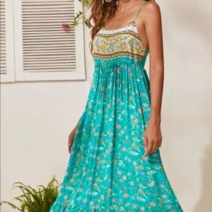 Turquoise Blue Maxi Floral Print Dress